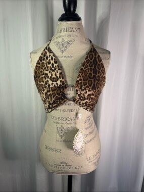 Leopard Print Halter Bikini Top - Brown/Black